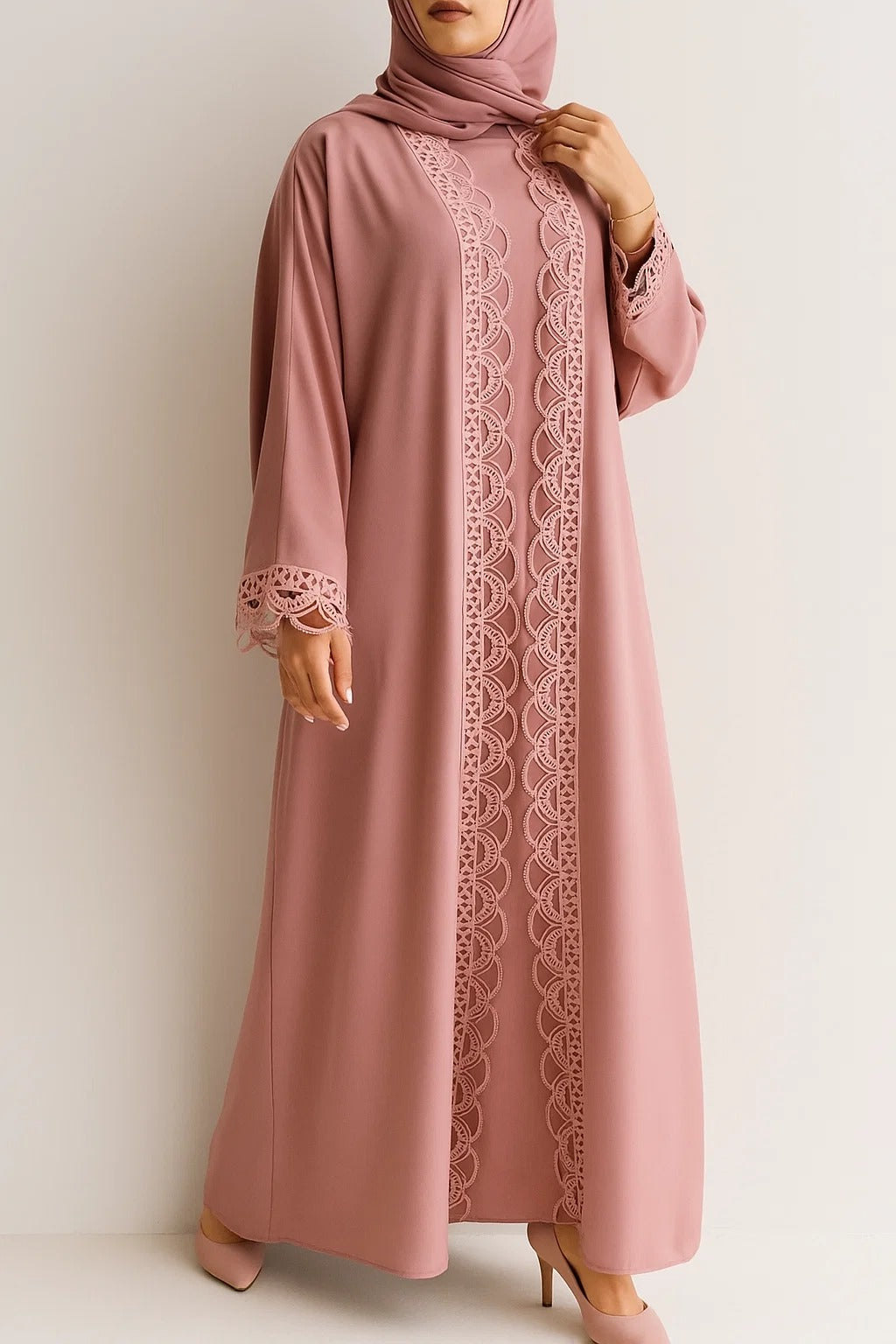 Tea pink lace abaya
