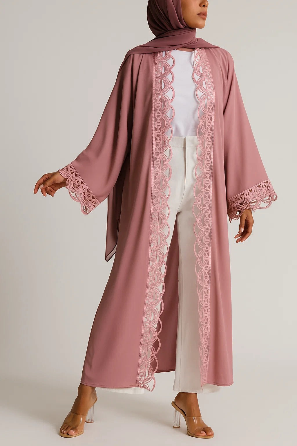 Tea pink lace abaya