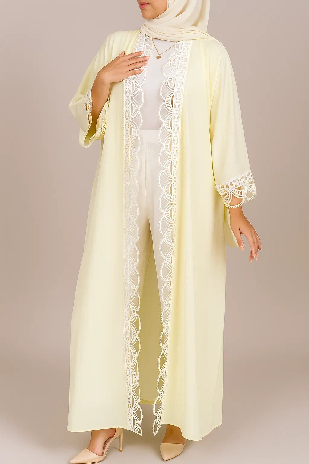 Butter yellow fancy lace abaya