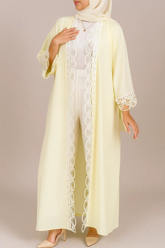 Butter yellow fancy lace abaya