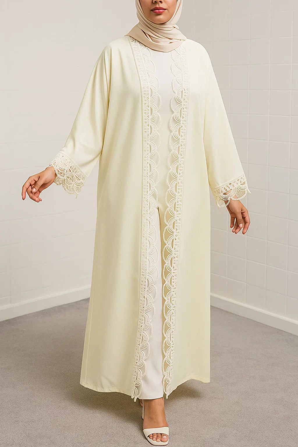 Butter yellow fancy lace abaya