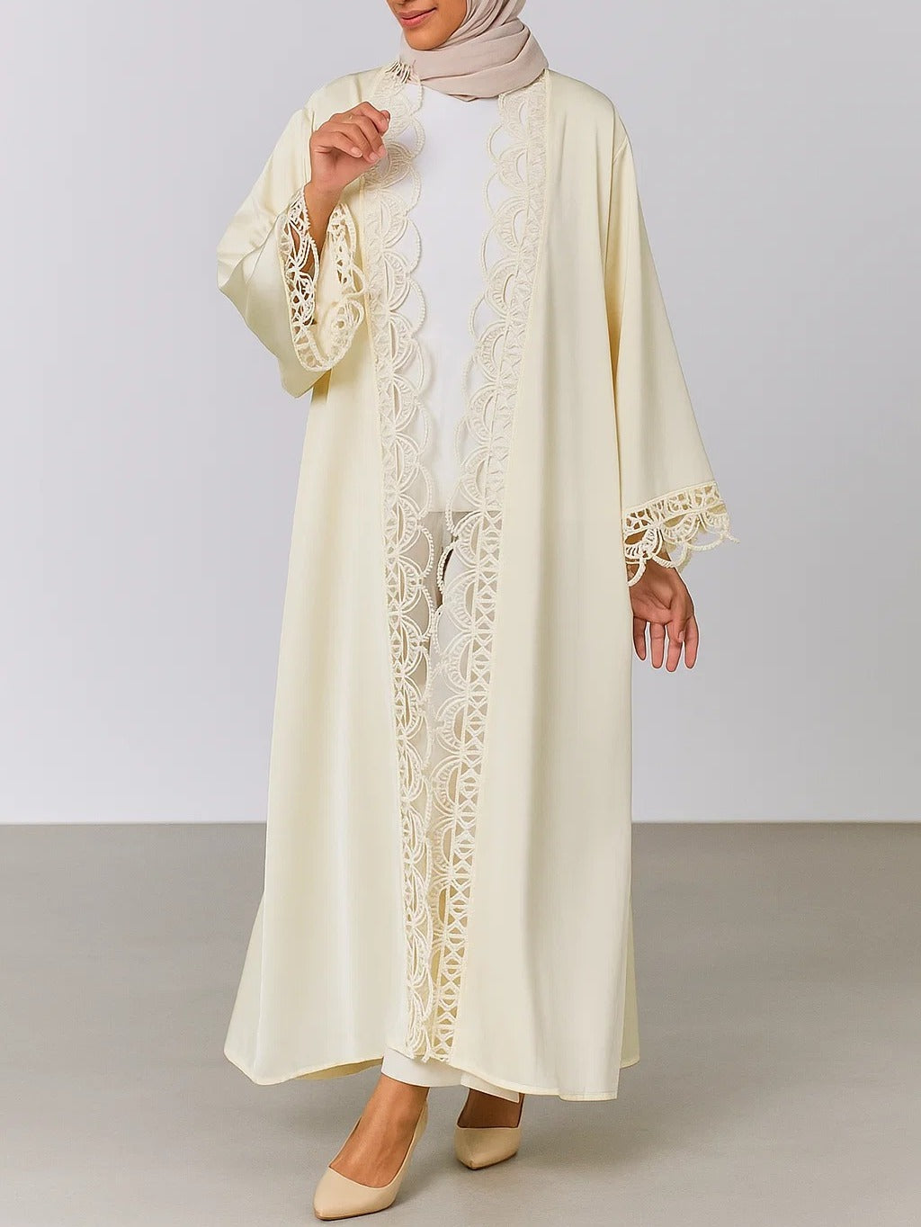 Butter yellow fancy lace abaya