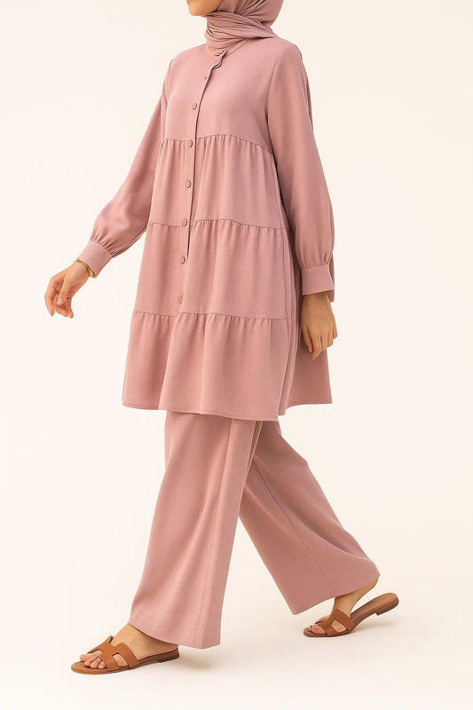 Nude Pink Button Tiered Coord Set