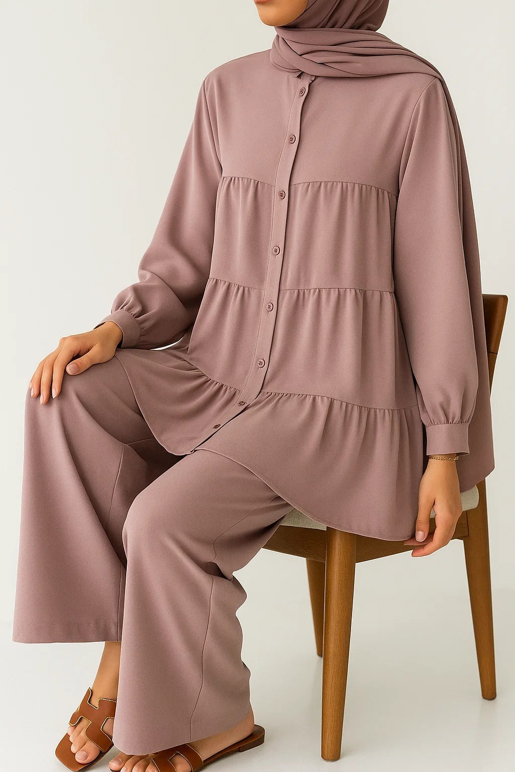 Nude Pink Button Tiered Coord Set