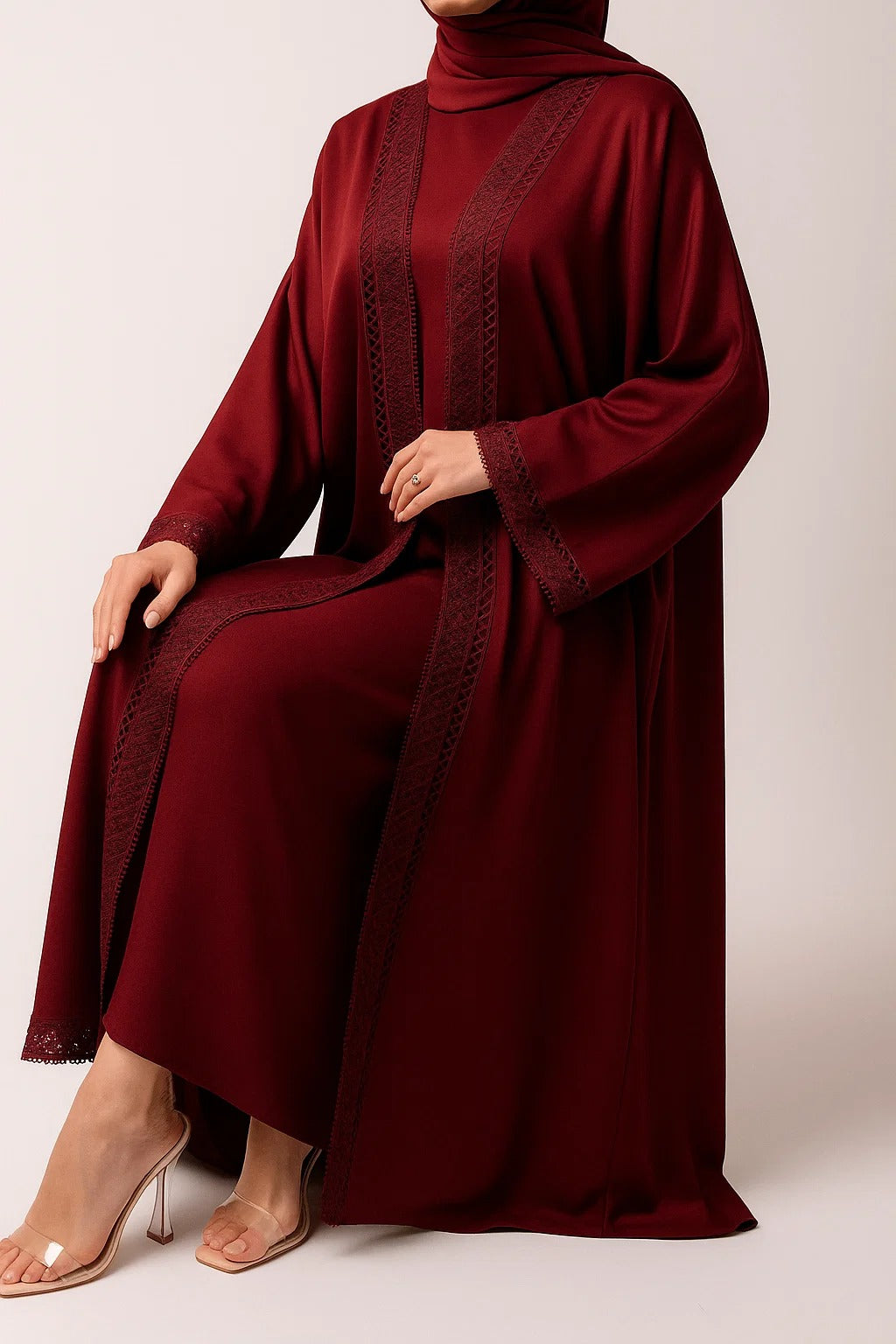 Maroon Fancy Lace Abaya (02)