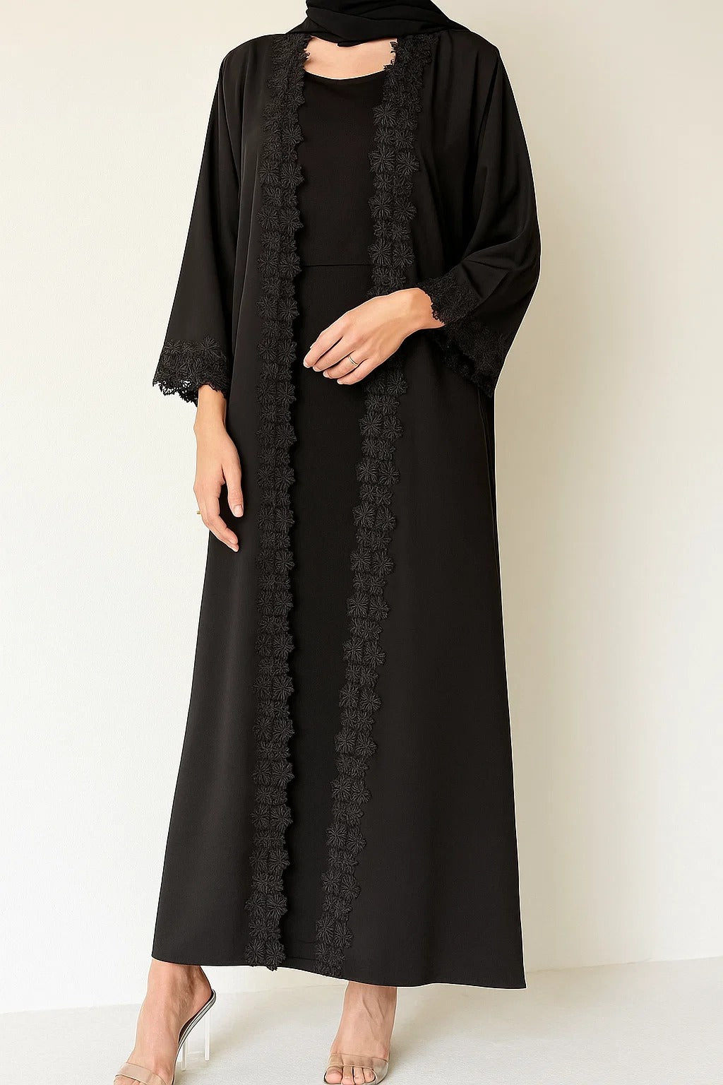 Black Fancy Lace Abaya (01)