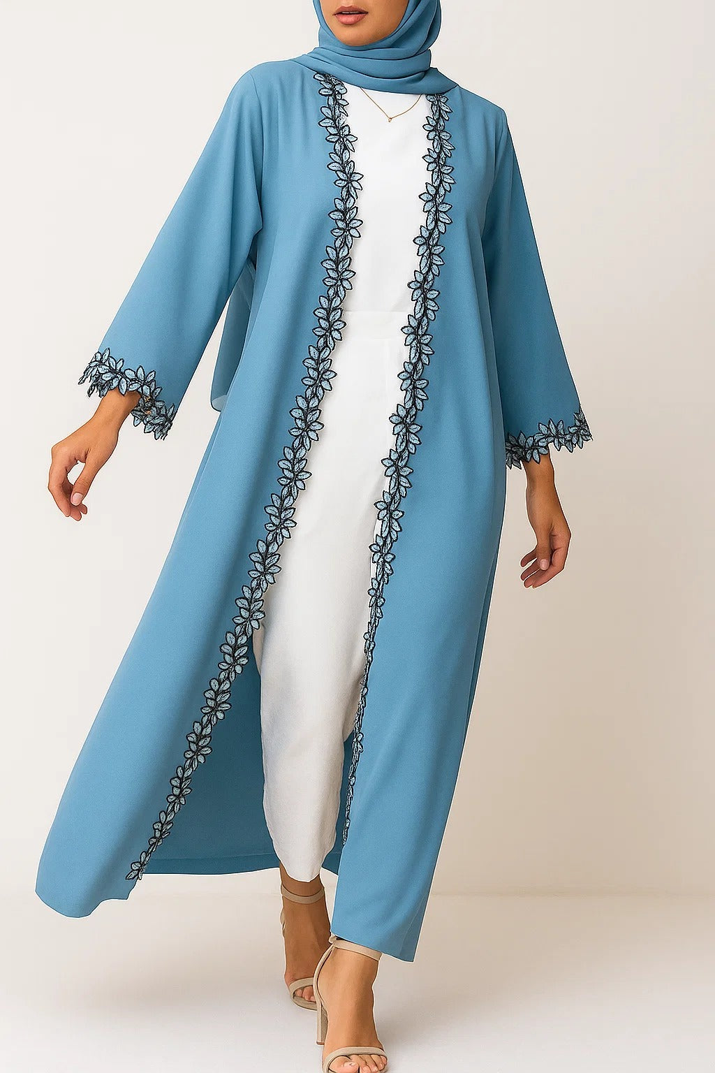 Ice Blue Fancy Lace Abaya