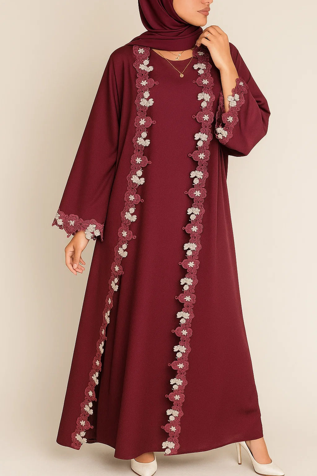 Maroon Fancy Lace Abaya (01)