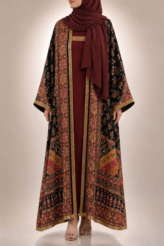 Midnight Black & Maroon Zareen Abaya