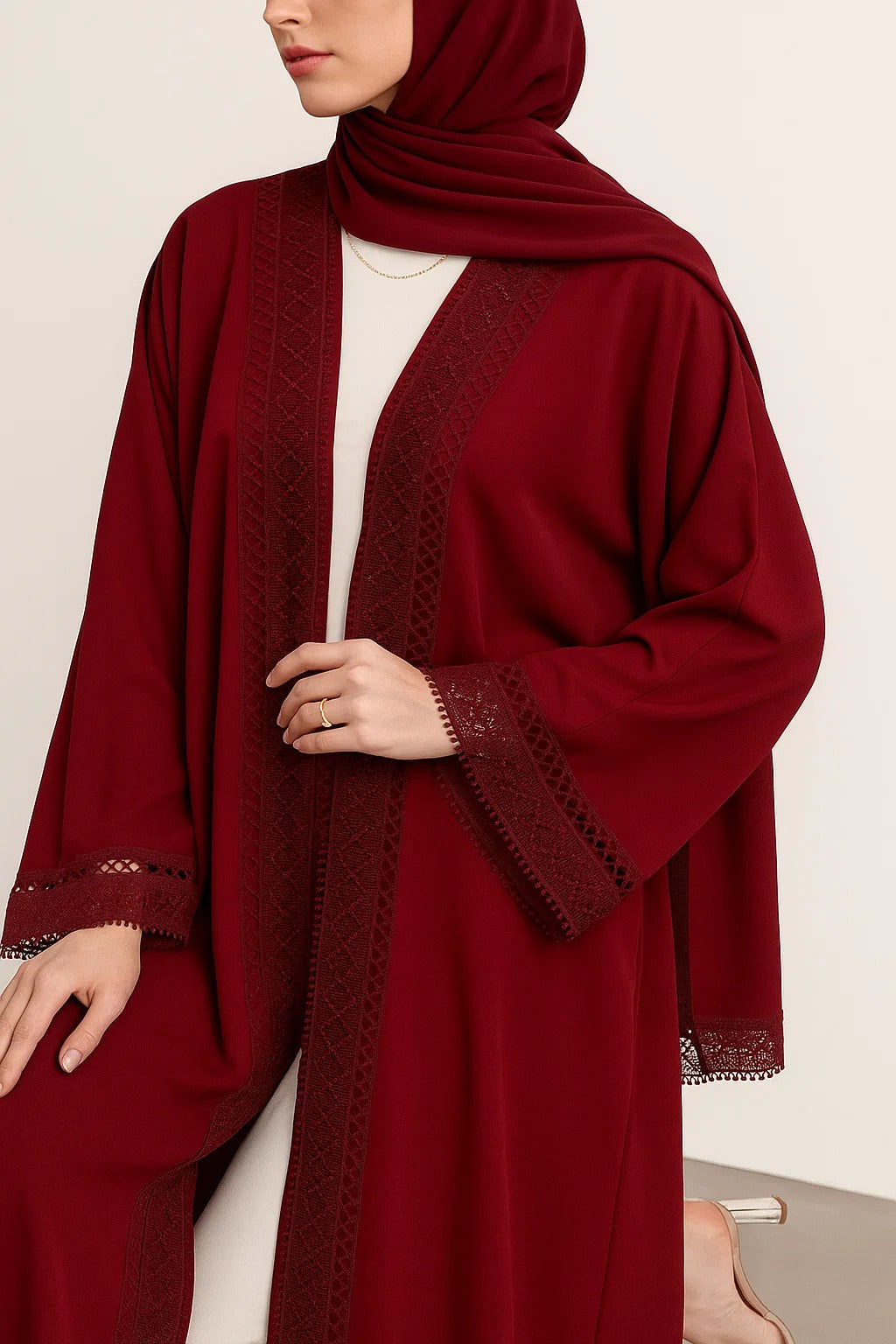 Maroon Fancy Lace Abaya (02)