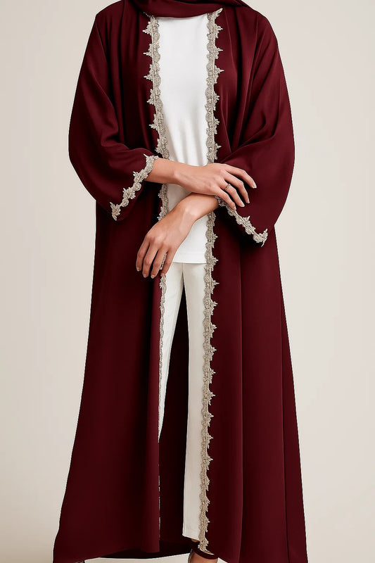Maroon Fancy Lace Abaya (03)
