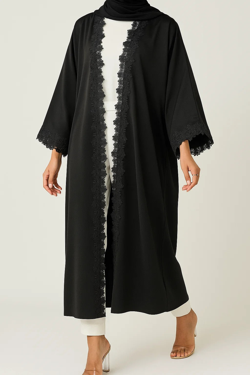 Black Fancy Lace Abaya (01)