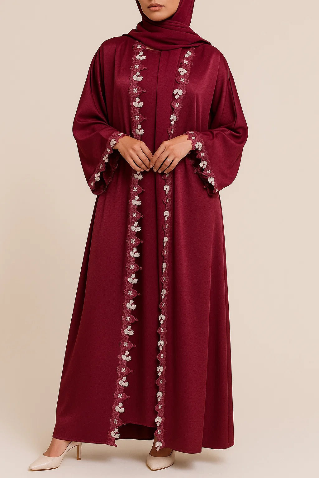 Maroon Fancy Lace Abaya (01)