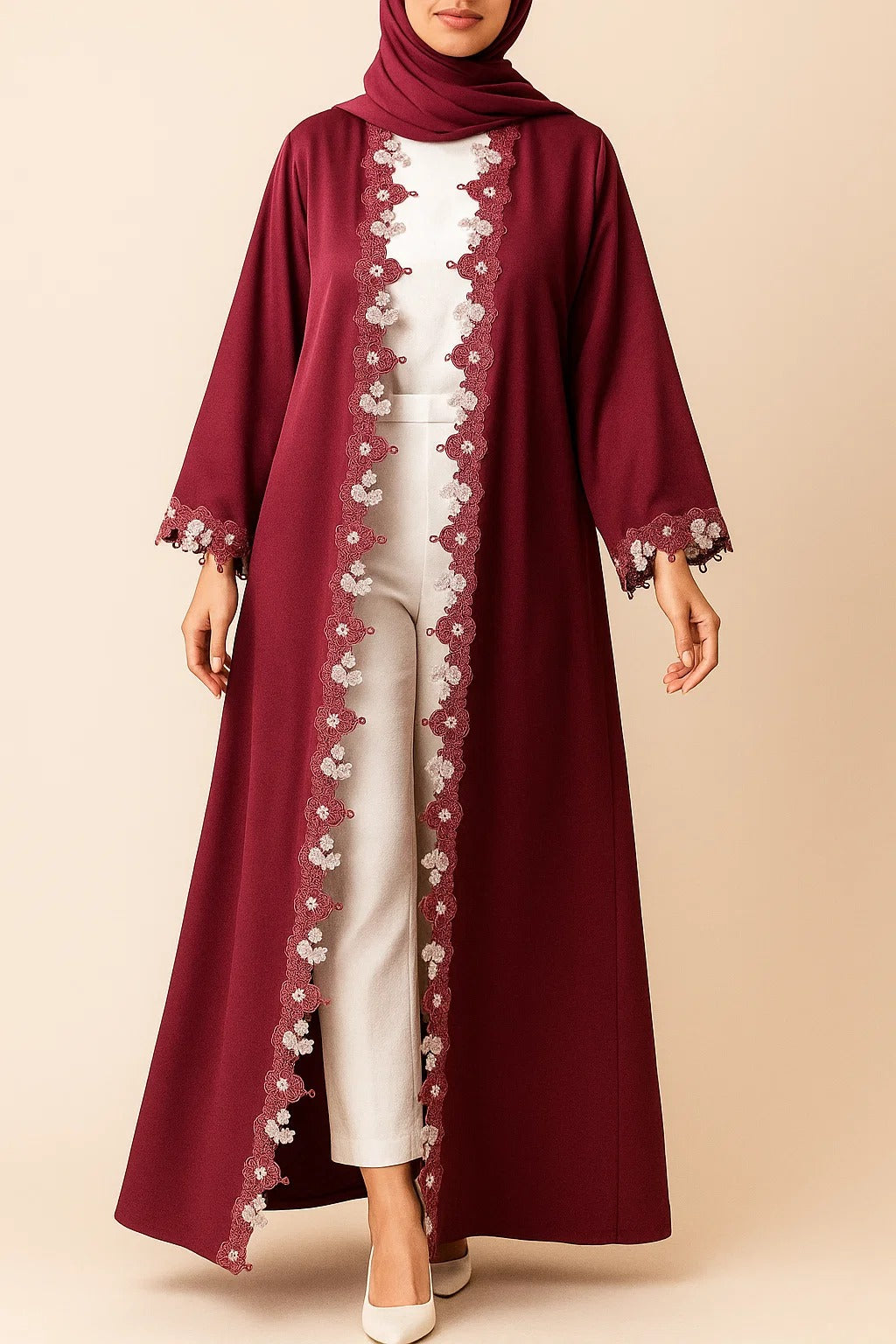 Maroon Fancy Lace Abaya (01)