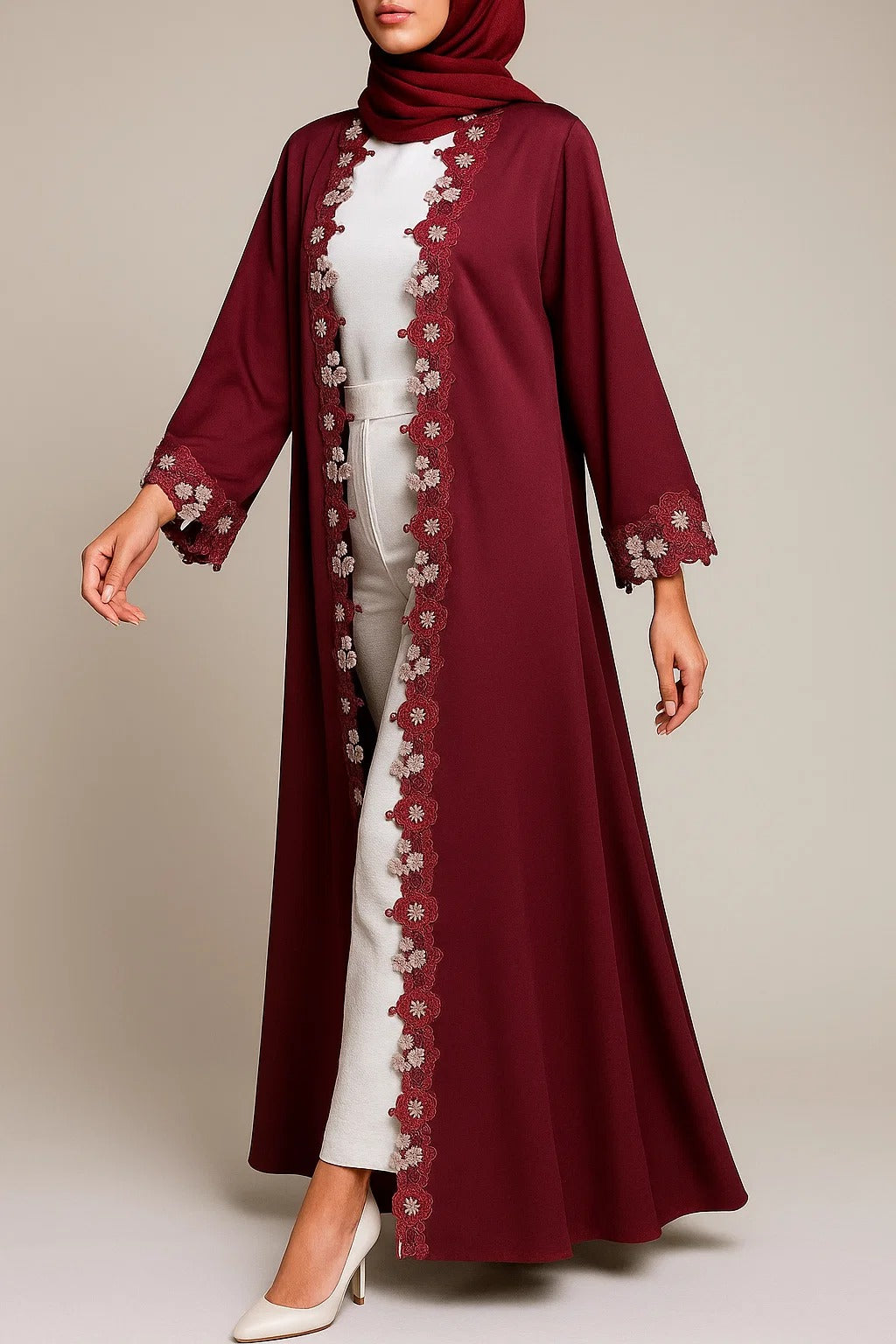 Maroon Fancy Lace Abaya (01)