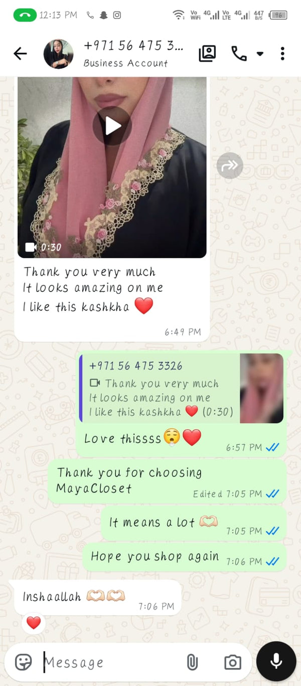 WhatsApp review from MayaCloset customer