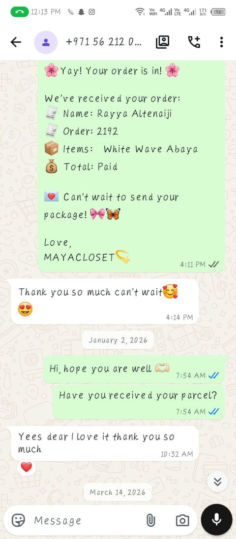 Customer WhatsApp review for MayaCloset