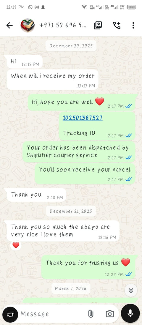 Customer WhatsApp review for MayaCloset