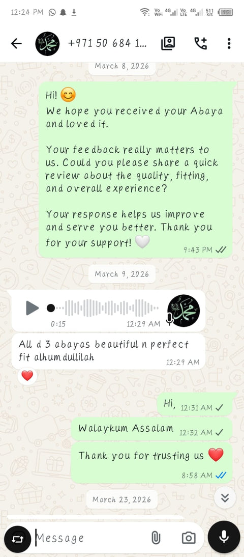 Customer WhatsApp review for MayaCloset