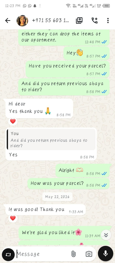 Customer WhatsApp review for MayaCloset