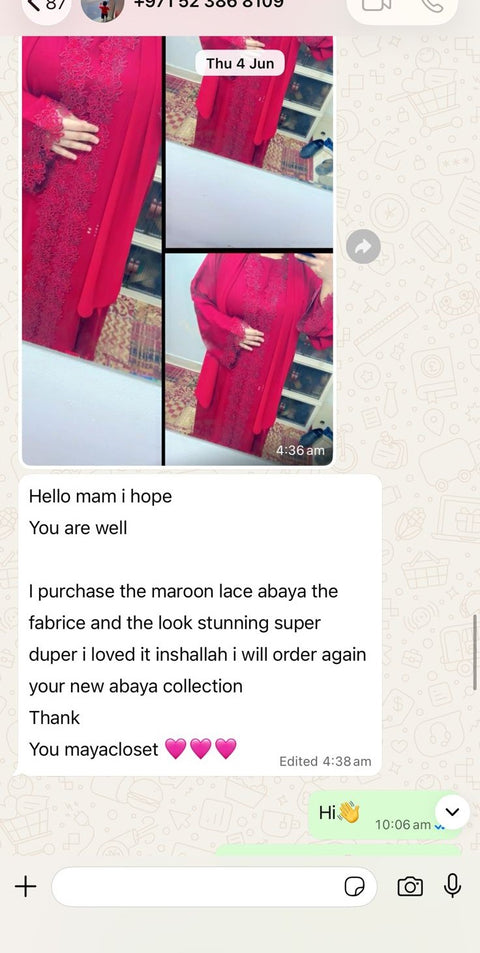 Customer WhatsApp review for MayaCloset