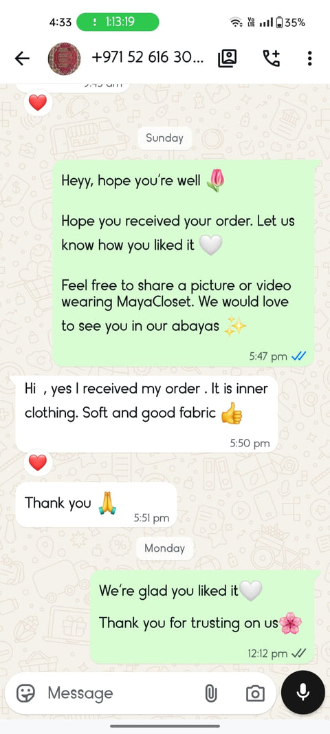 Customer WhatsApp review for MayaCloset