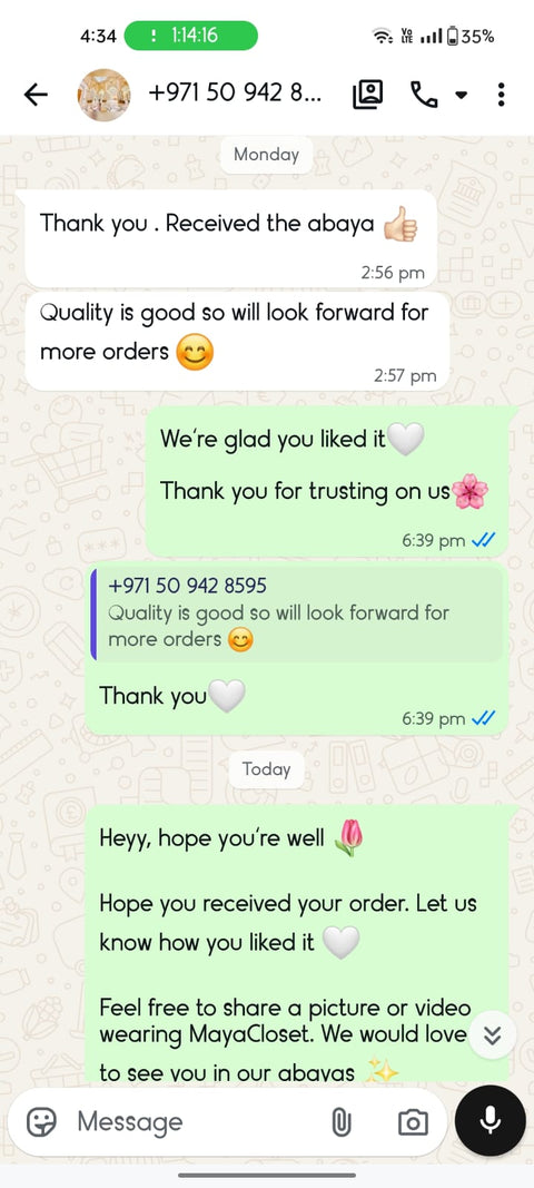 Customer WhatsApp review for MayaCloset
