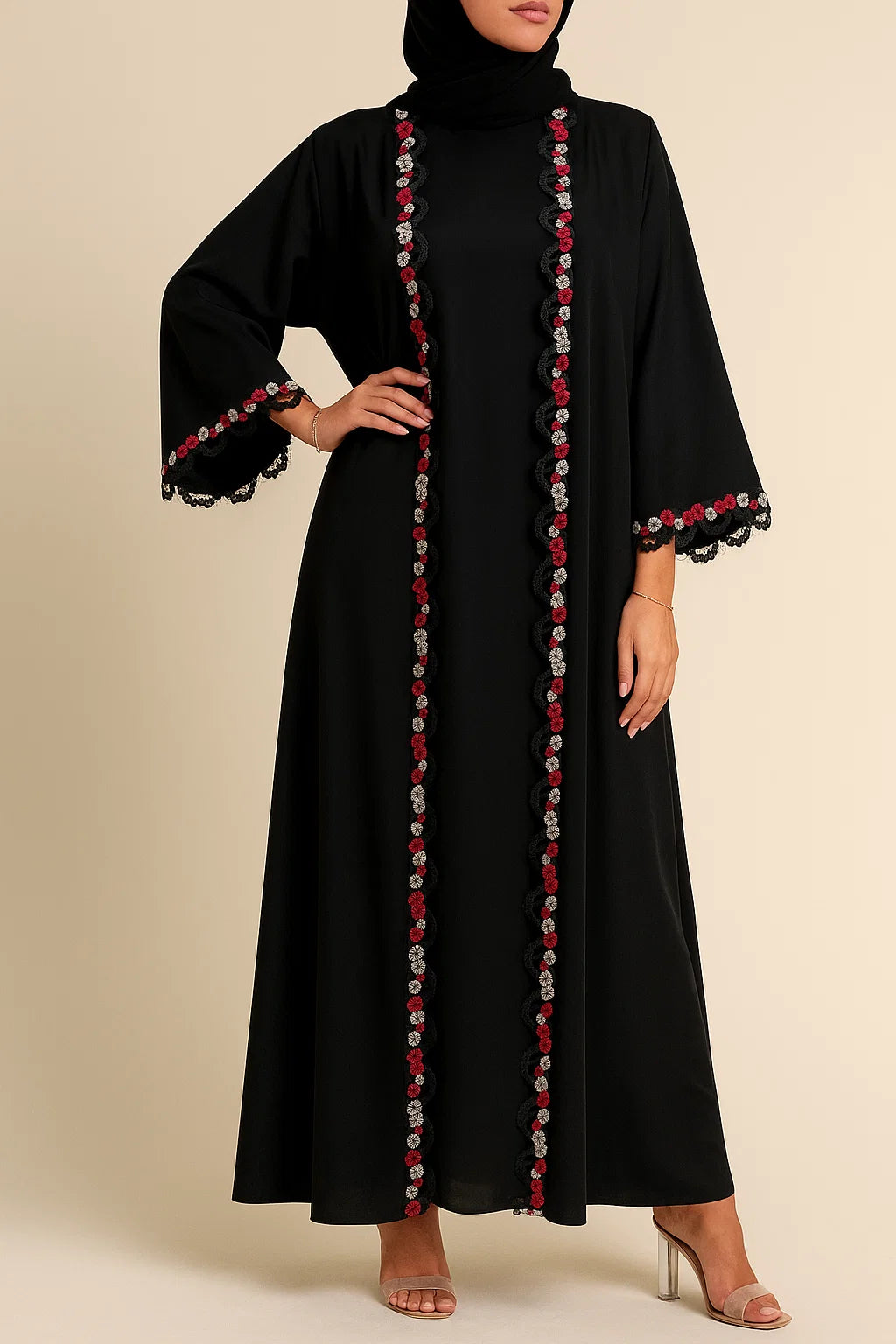 Black Fancy Lace Abaya (03)