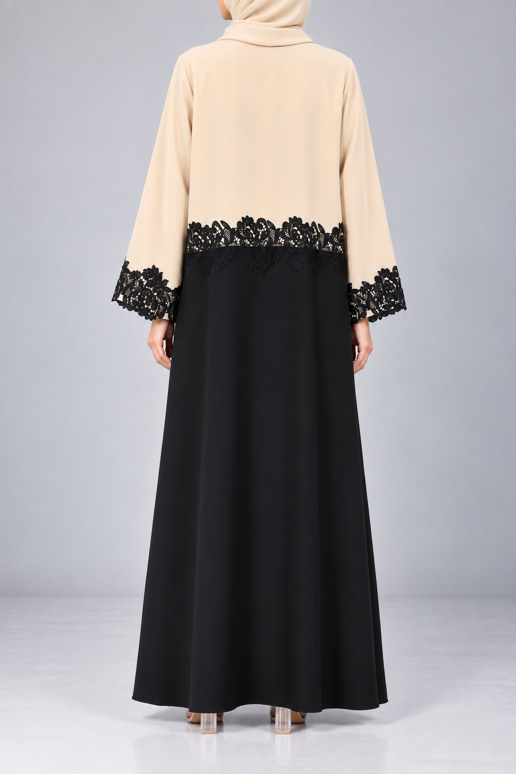 Beige Noir Lace Abaya E13S