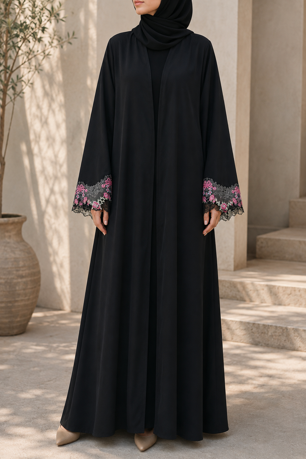Black Broad Fancy Lace Abaya (02)