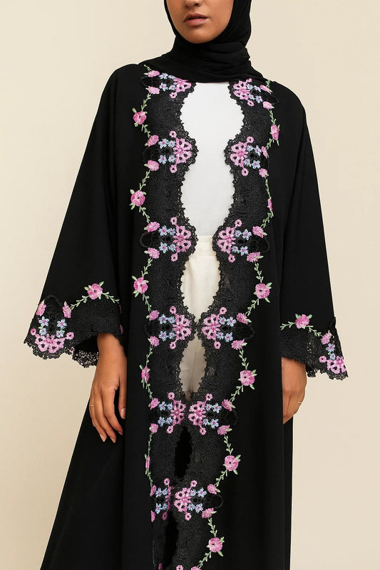 Black board fancy lace abaya