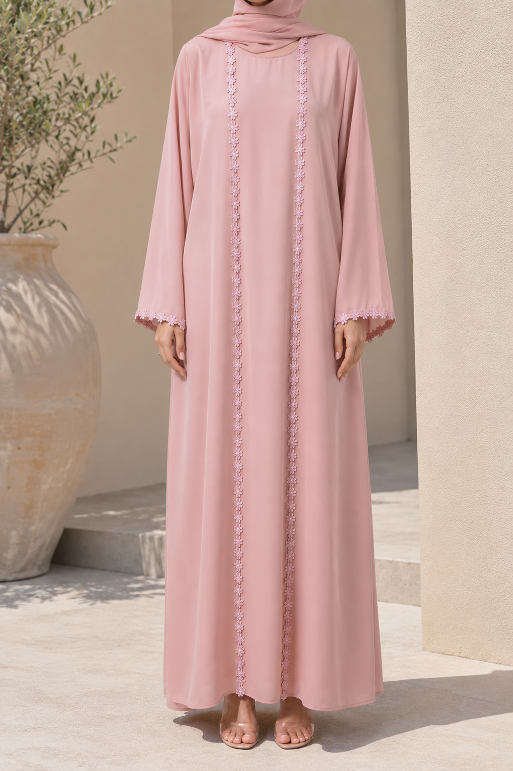 Blush pink fancy lace abaya