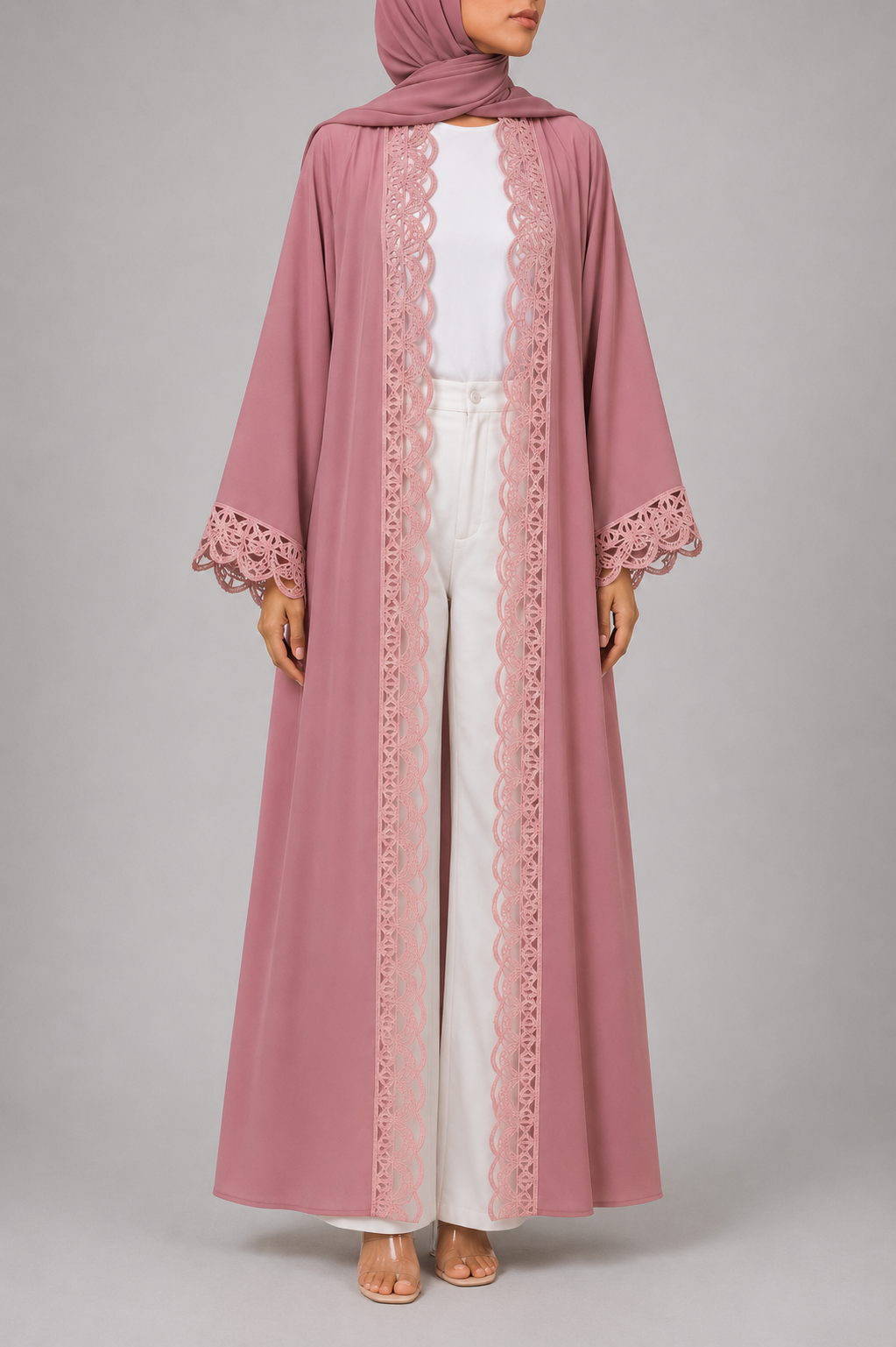 Tea pink lace abaya