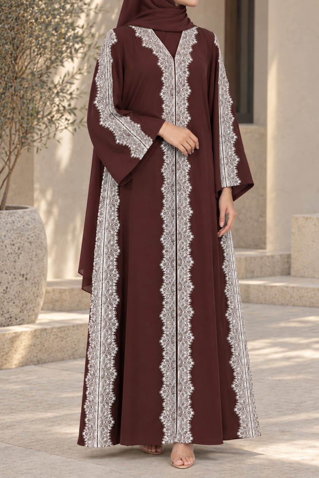 Deep-Brown Cascade Lace Abaya E13S