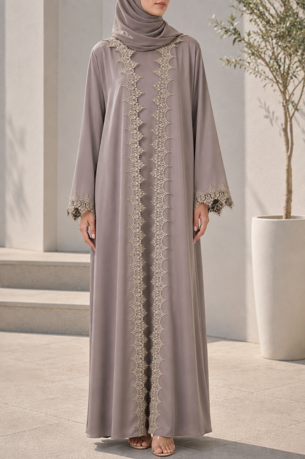 Dark beige fancy lace abaya