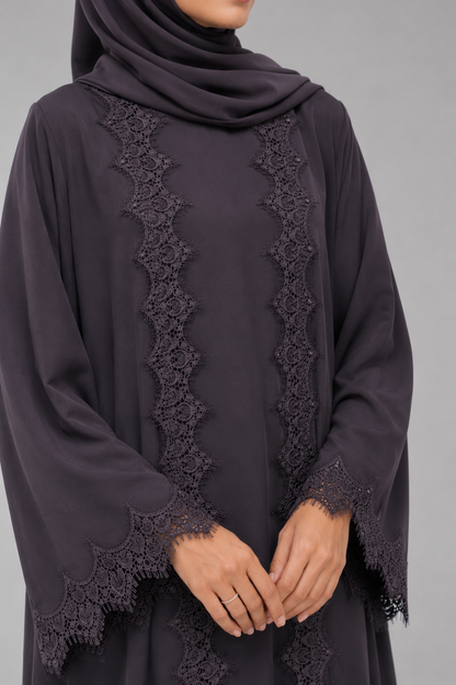 Deep taupe fancy lace abaya