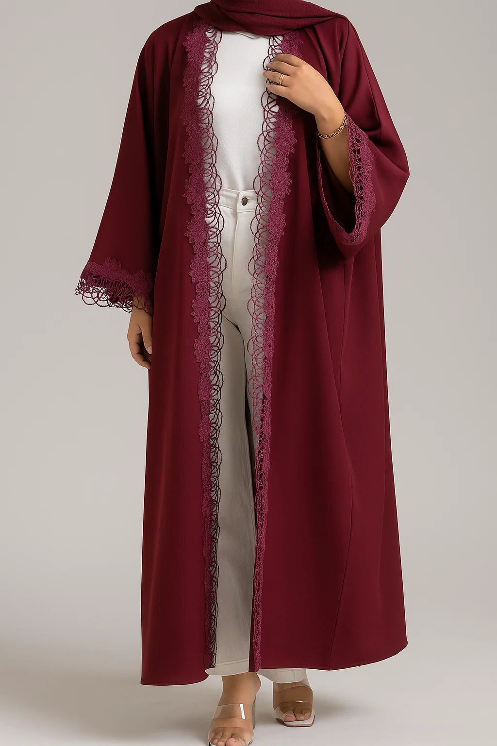 Red fancy lace abaya