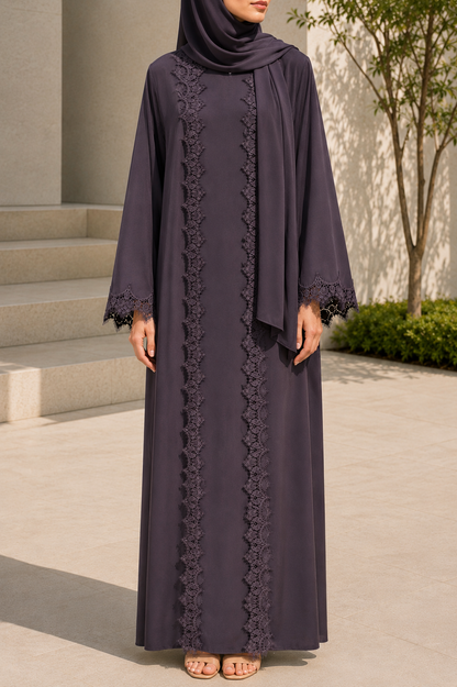 Deep taupe fancy lace abaya