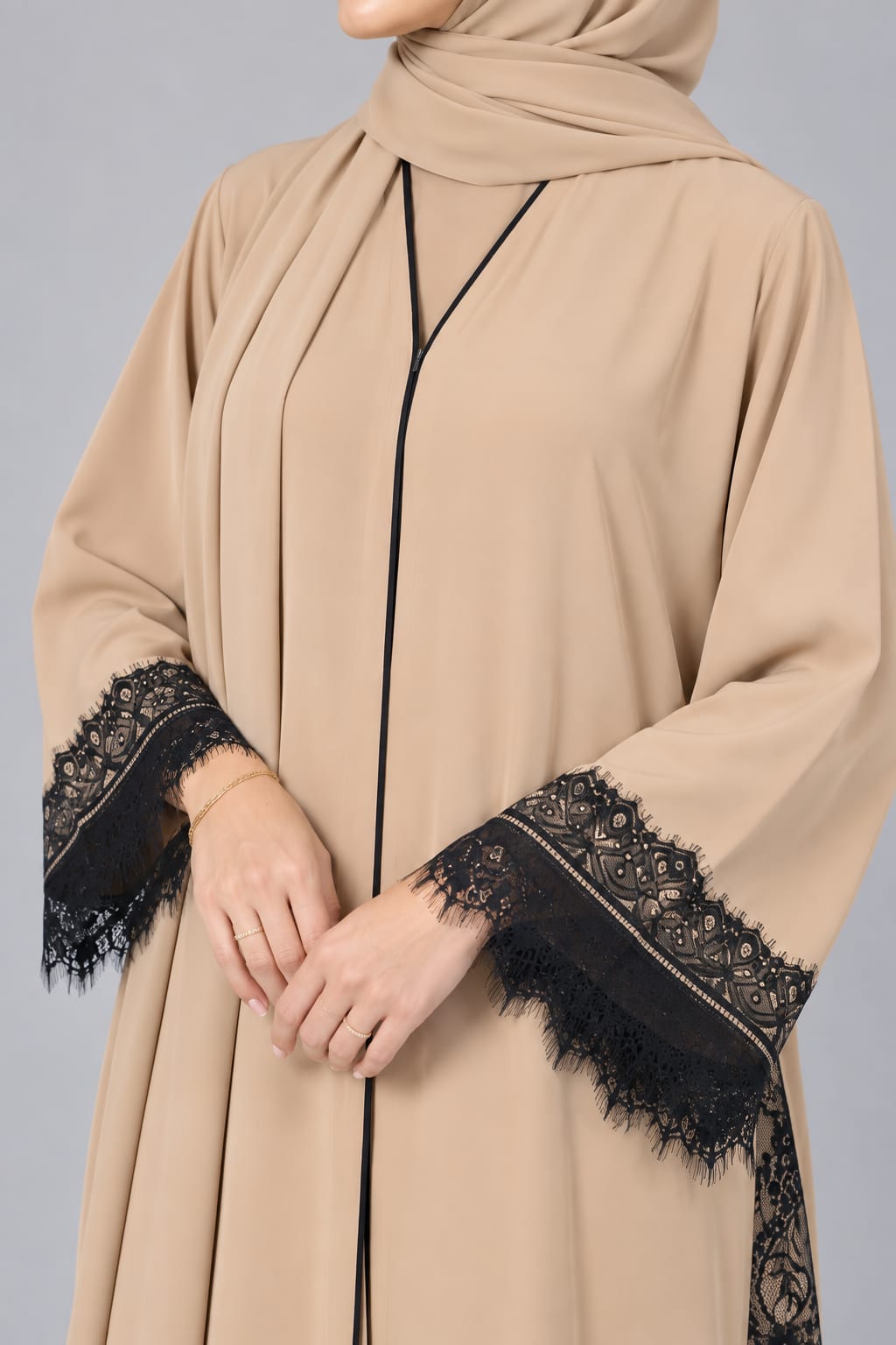 Beige Lattice Lace Abaya E13S