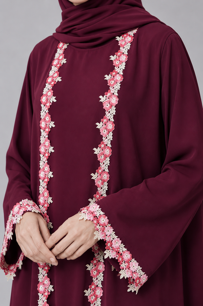 Crimson maroon fancy lace abaya