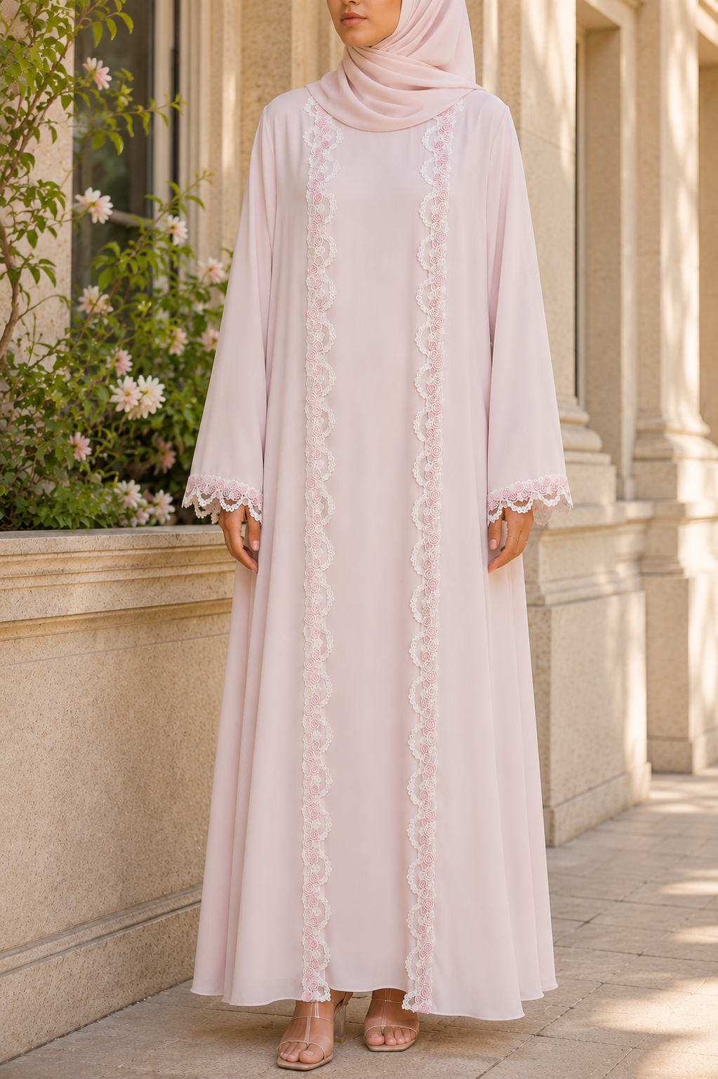 Cotton Pink lace abaya