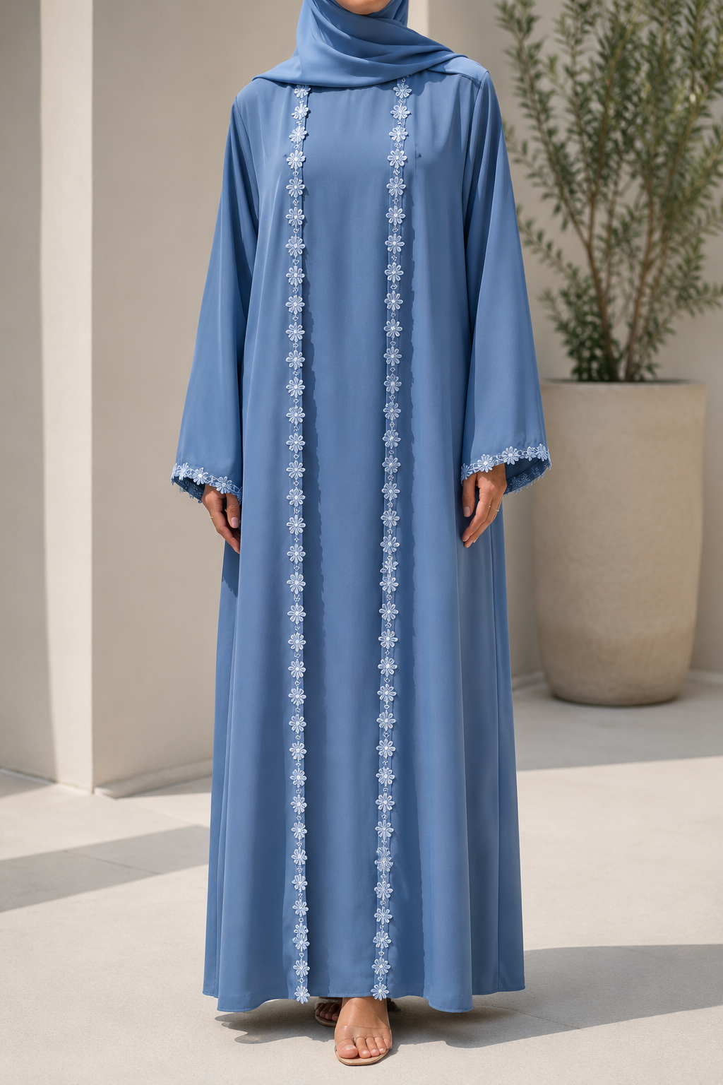 Slate blue fancy lace abaya