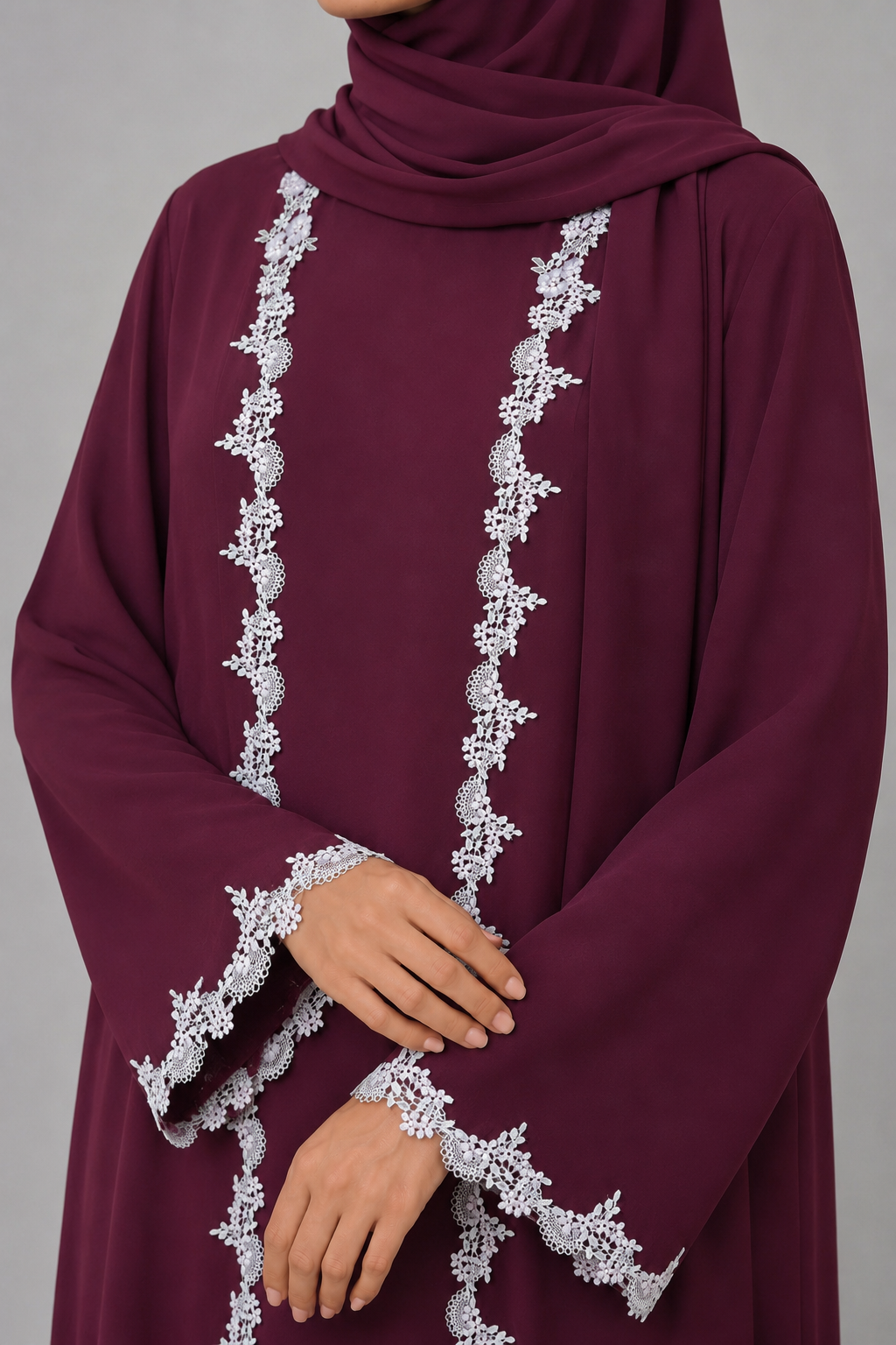 Deep wine Fancy Lace Abaya (03)