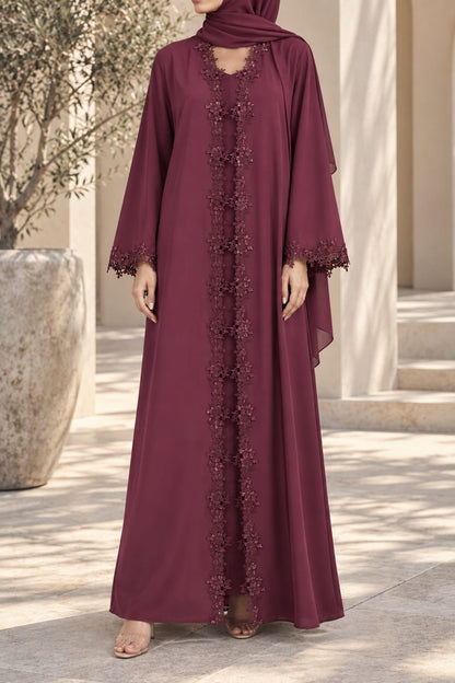 Maroon Floristic Lace Abaya E13S