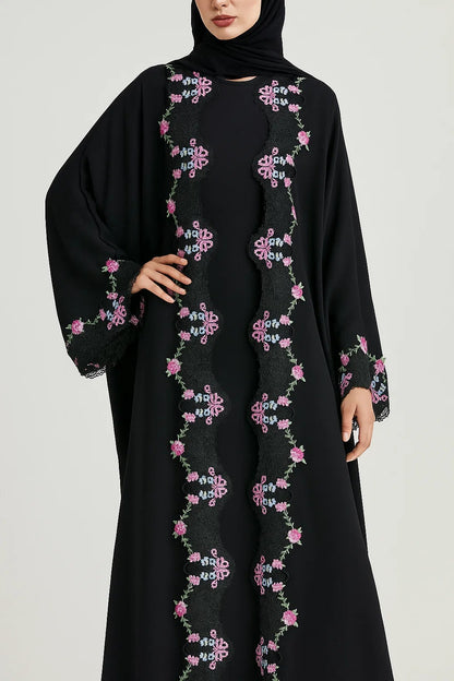Black board fancy lace abaya