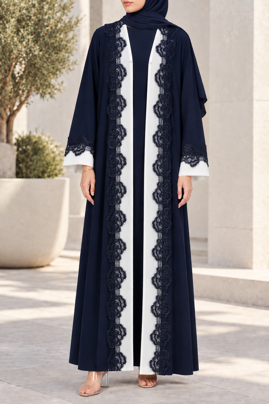 Navy Blue Rosette Lace Abaya E13S