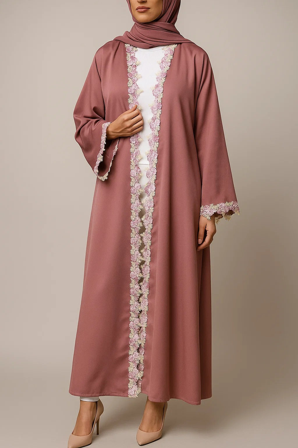 Pink Rose lace abaya