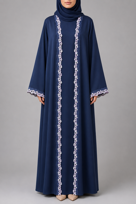 Blue Embroidered lace abaya