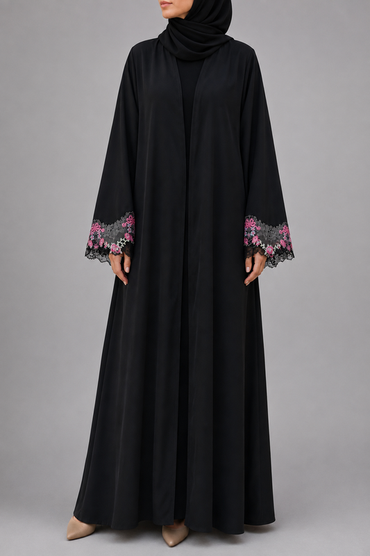 Black Broad Fancy Lace Abaya (02)