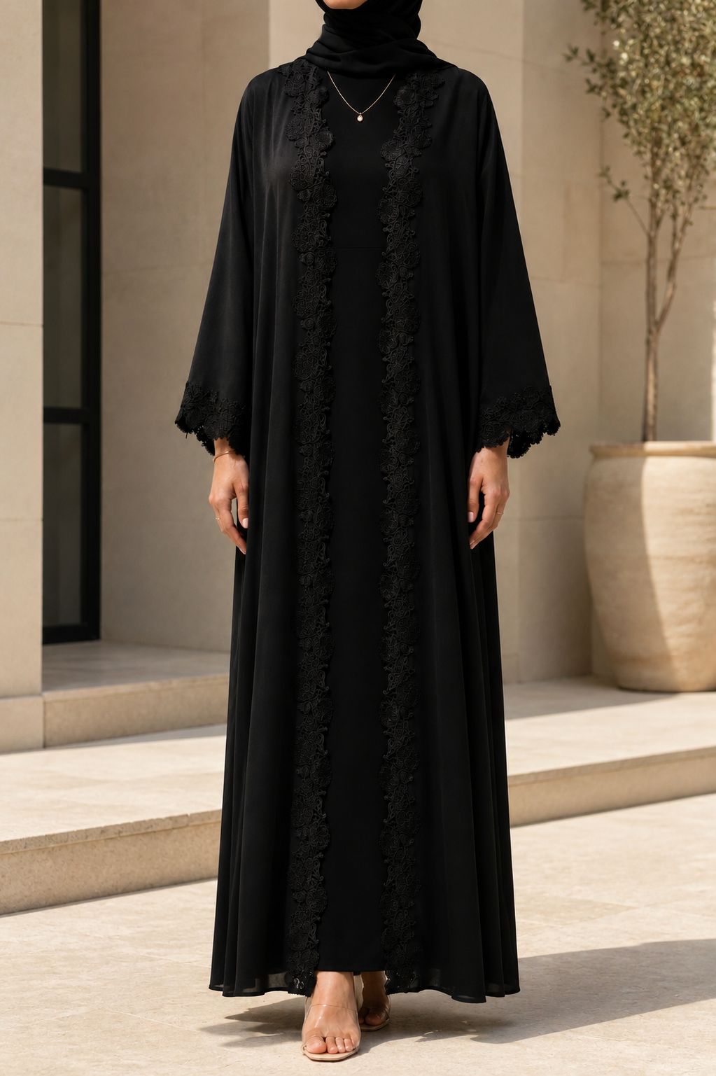 Black fancy Lace Abaya (04)
